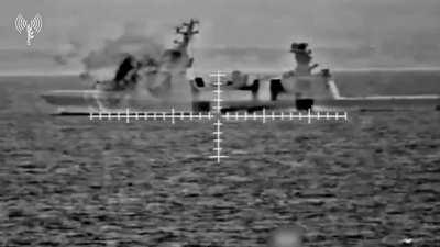 Israeli Sa'ar 6-class multimission corvettes engaging targets near the coast of the Gaza Strip