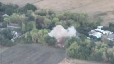 Ukrainian 117th Territorial Defense Brigade blew up a Russian ammunition depot along with enemy personnel using FPV strike drones. Probably Krasnohorivka area, September 2024.