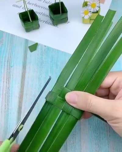 Making tiny baskets out of leaves