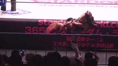 [STARDOM] Jungle Kyona tries to break the back of Utami Hayashita with an apron powerbomb.