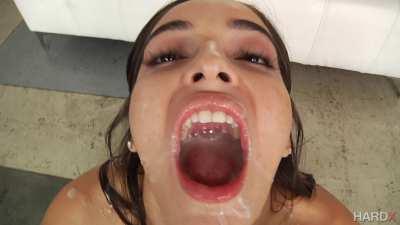 Slut Emily Opens Her Mouth Wide So Twi Guys Can Jizz in Her Throat....then She Swallows Like a Good Whore