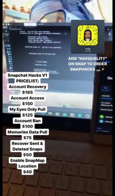 add @naequality on snapchat to order account hacks if you need access to accounts , need to recover deleted \ banned ones, get access to anyone's my eyes only &amp;amp; memories media, recover sent &amp;amp; deleted snaps + so much more! Group Link &amp;amp; Proof In