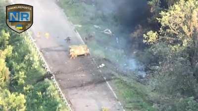 Ukrainian drone operator notices a Russian vehicle north of Bakhmut. Gets targeted by a Ukrainian mortar team, Russian soldiers leave and try the hide, while the vehicle rushes off.