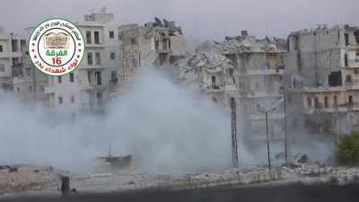 Rebels bouncing Hell Canon rounds off of a building in Aleppo