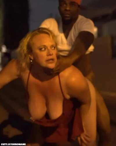 Blonde top heavy milf in a red dress can't wait and gets her cheeks clapped in public