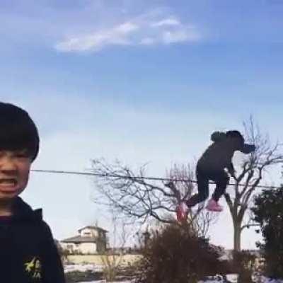 This kids slack line skills!