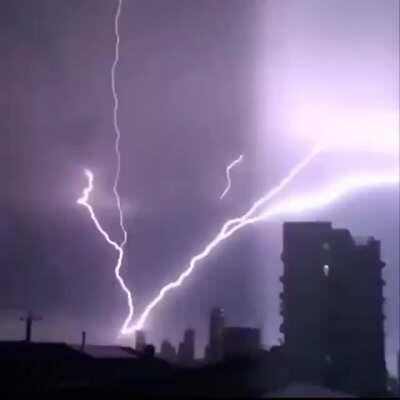 Ground-to-cloud lightning fills the sky over Burleigh Heads, Australia