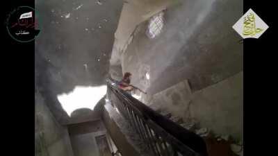 GoPro wearing Opposition fighter takes us on a walk through an occupied high rise during a skirmish with SAA forces in Aleppo - 4/7/2015