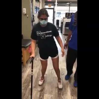 Woman with cerebral palsy wasn't able to walk until she got surgery. Now she can walk with a cane and is making great progress!