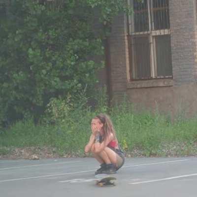 Her excitement over her first kickflip after practicing it for a long time