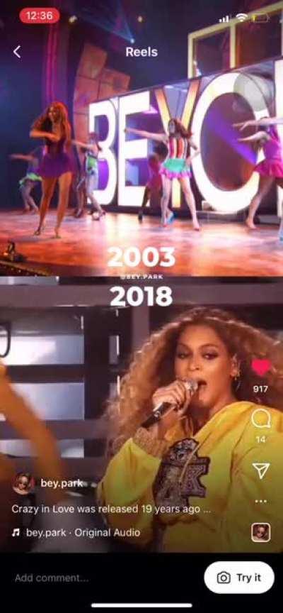 Crazy in Love turns 19 today! The first performance from the BET Awards vs Beychella (via bey.park on ig)