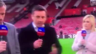 Gary Neville and Jamie Carragher awkwardly walk away from an interview