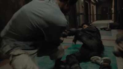 The fight choreography and stunt work in this scene from The Raid: Redemption