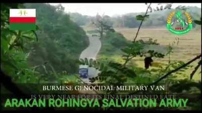 ARSA rebels use IED then ambush and destroy Burmese military truck that was driving on the road.