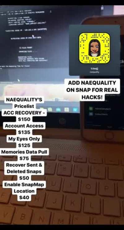 Go add @naequality on snap to order social media hacks for platforms such as instagram, snapchat, twitter , facebook , tiktok , emails &amp;amp; iclouds + so much more. Group Link In Comments Below