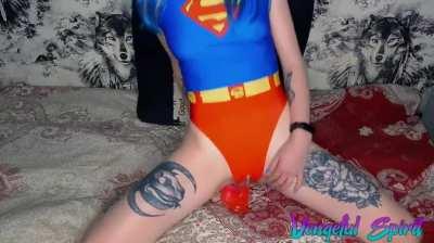 Supergirl cosplay slut masturbates and rides dildo