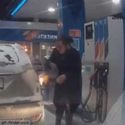 Lighting a fire on a gas pump