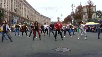 Kyiv, 2013. MJ fans perform 'Thriller' on his 55th birth anniversary.