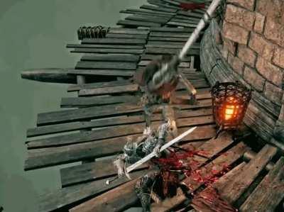 Player cutting themselves on their blade for a power attack that splashes blood