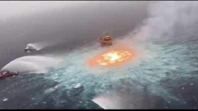 Pipeline ruptured in the Gulf of Mexico and this is the aftermath. A ragging fire underwater.