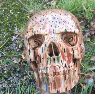 Skull carved out of 646 colored pencils.