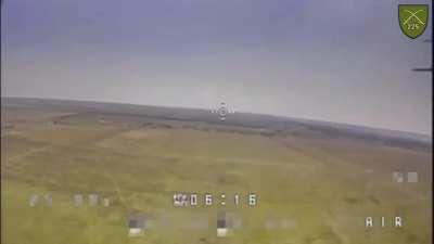 Ukrainian FPV drone hit a small Russian observation drone that was searching for targets somewhere in the Donetsk region. Drone operators from the 