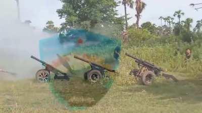 Anti Junta forces firing towed homemade artilleries at military positions in Sagaing, Myanmar