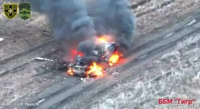 The first footage of Russian armored vehicles being destroyed by a TM-62 anti-tank mine dropped from a drone