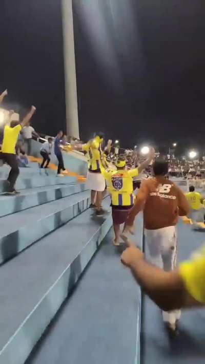 Bottles being thrown at the away fans from the Mohammedan stand after a KBFC goal. Later, The game was suspended for a few minutes as bottles, sandals were thrown towards the players