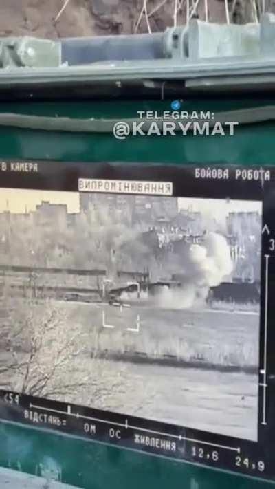 Detonation of the Russian BMP-2 with the subsequent detachment of the turret after strike of the &quot;Stugna-P&quot; ATGM on the outskirts of Ukrainian city