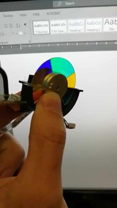 The way the glass on a projector colour wheel changes colour as the angle of light entry is altered