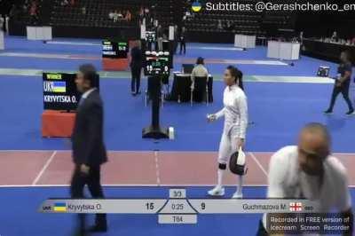 Ukrainian fencer Olena Kryvytska defeating russian born Maya Guchmazova 15:9. She refused to shake her hand