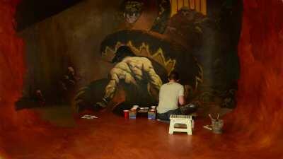 I built a curved wall in my basement to make 3D paintings. This is my newest piece, a master study of Frank Frazetta's 