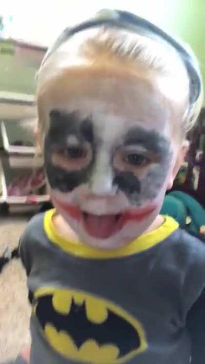 I told my Batman loving daughter I’d paint Batman mask on but painted the joker instead.