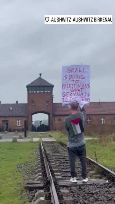 &quot;Pro-Palestine protestor outside Auschwitz concentration camp memorial site&quot;