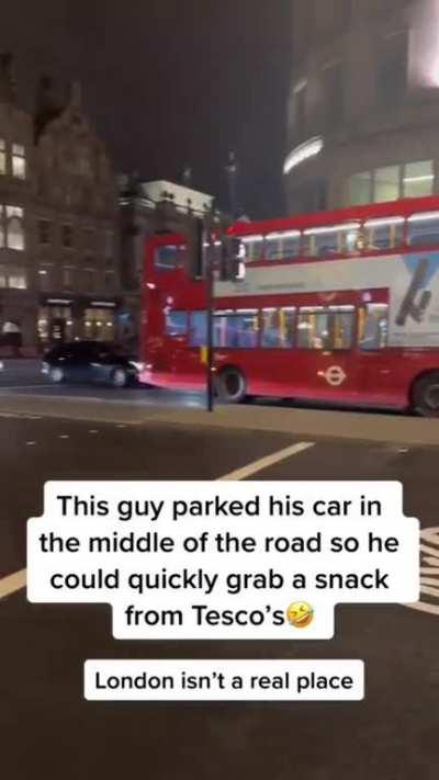 parks his car in the middle of the road to grab something from supermarket forcing traffic to wait