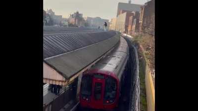 The reason the district and Piccadilly line has been fucked all day. He’s still on the roof apparently and he got up there around 2.15ish