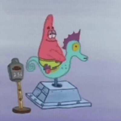 Patrick riding a sea horse.