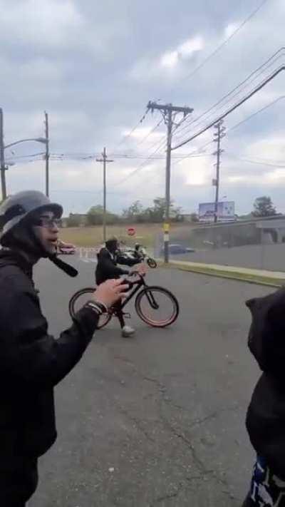 Little kid asks for ride his bike.