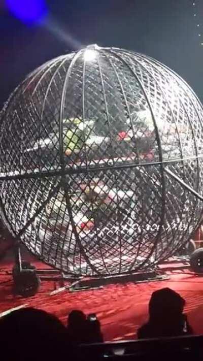 To celebrate the 5th anniversary of the Vasquez Circus, they put 5 cyclists inside this sphere and did a dangerous display of the skill these people have.