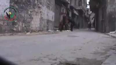 Free Syrian Army mortar forklift. Aleppo, Syria. 2014