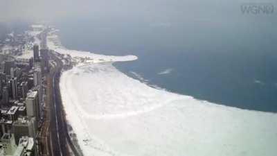 Large piece of ice breaks apart and gets separated from Lake Michigan.