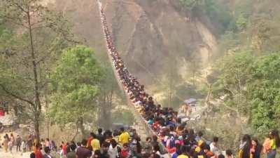 The suspension bridge in Nepal on Lunar New Year's Day.