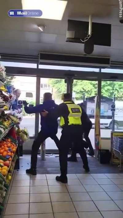 Moment Tesco workers and security guards battle to stop brazen thieves from ransacking store - before one crook escapes... and is hit by a car