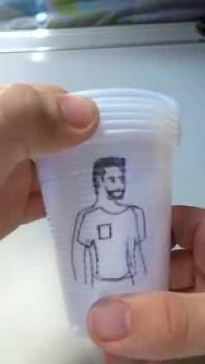 Character designer with plastic cups.