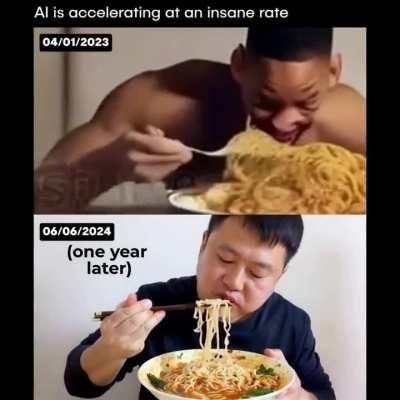 AI noodle videos one year later. We're cooked