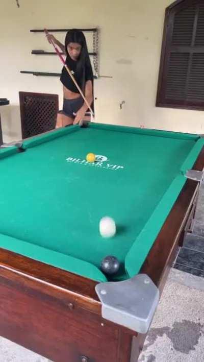 How this pool player curves the white ball right by the yellow one.