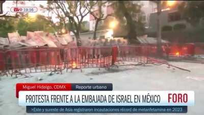 Protestors set the Israeli embassy on fire in Mexico.