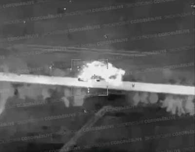 UA MLRS (likely a m270) gets hit by lancet, proceeds to cook off.