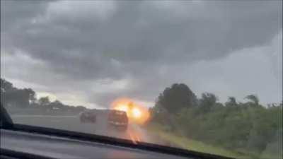 A family on vacation in Florida going back to their hotel in Tampa, after visiting St. Petersburg had their vehicle struck by lightning. The Truck seen in front is her husband - daughter & wife was following behind!